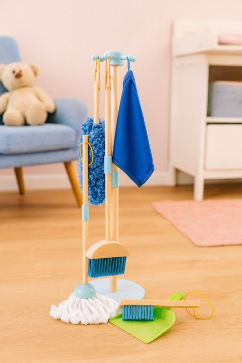 Drewniany zestaw do sprzątania dla dzieci mop zmiotka z szufelką 7 elementów ECOTOYS