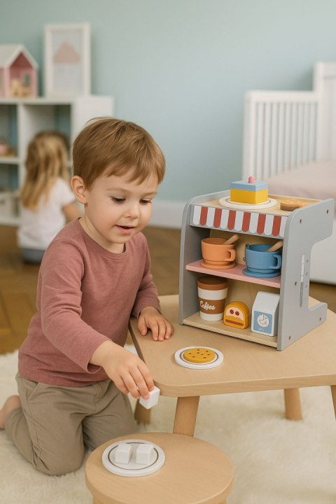 Drewniany ekspres do kawy dla dzieci 2w1 sklepik zestaw baristy 26 akcesoriów ECOTOYS