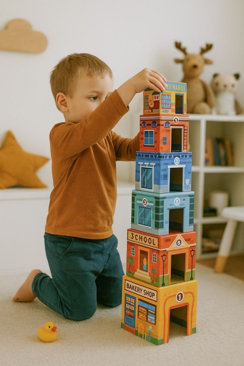 Wieża do układania piramida miasto sorter z figurkami i pojazdami 18 elementów