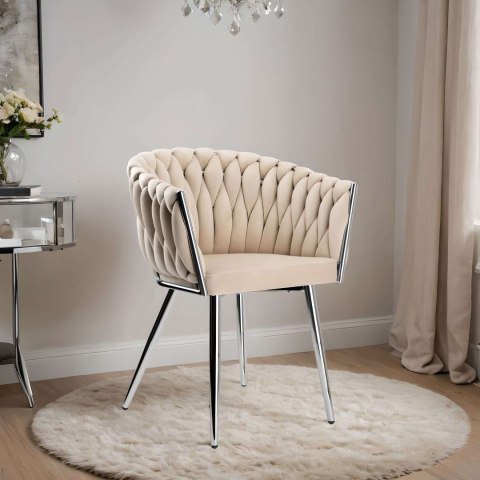 KRZESŁO WELUROWE PLECIONE COFTON CHROM VELVET BEŻOWY