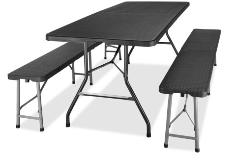 ZESTAW CATERINGOWY RATTAN CZARNY STÓŁ 180 CM+ 2 ŁAWKI