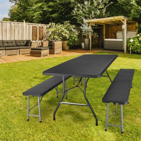 ZESTAW CATERINGOWY RATTAN CZARNY STÓŁ 180 CM+ 2 ŁAWKI