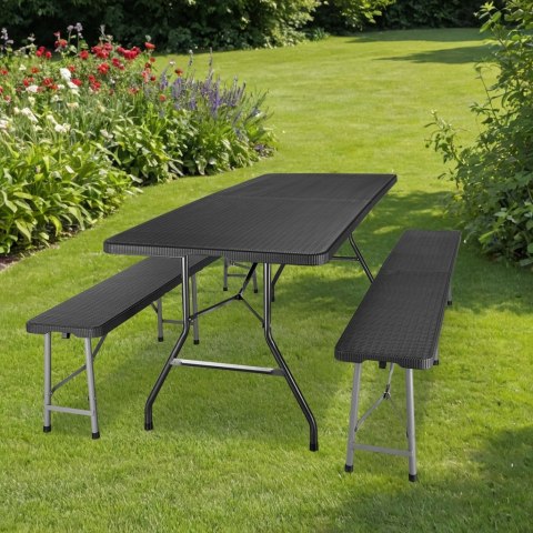 ZESTAW CATERINGOWY RATTAN CZARNY STÓŁ 180 CM+ 2 ŁAWKI