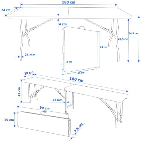 ZESTAW CATERINGOWY RATTAN CZARNY STÓŁ 180 CM+ 2 ŁAWKI