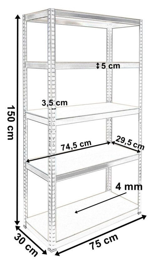 REGAŁ MAGAZYNOWY 5 POZIOMÓW 625 KG 150 X 75 X 30 CM
