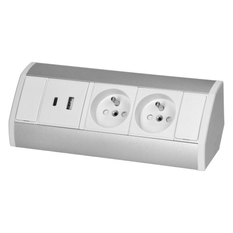 GNIAZDO MEBLOWE 2X2P+Z+2XUSB BIAŁO-SREBRNE GNIAZDO MEBLOWE 2X2P+Z+2XUSB BIAŁO-SREBRNE