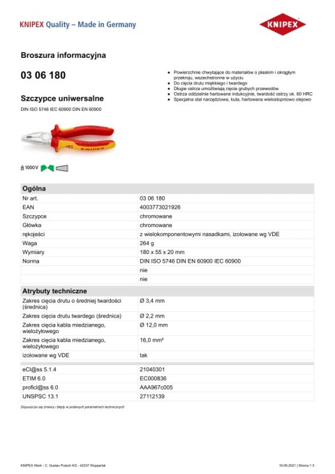SZCZYPCE UNIWERSALNE IZOLOWANE VDE 180MM SZCZYPCE UNIWERSALNE IZOLOWANE VDE 180MM