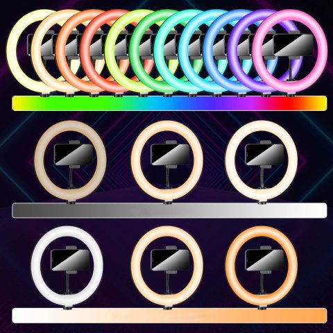 LAMPA PIERŚCIENIOWA RIVONI LED RGB STATYW UCHWYT DO SELFIE