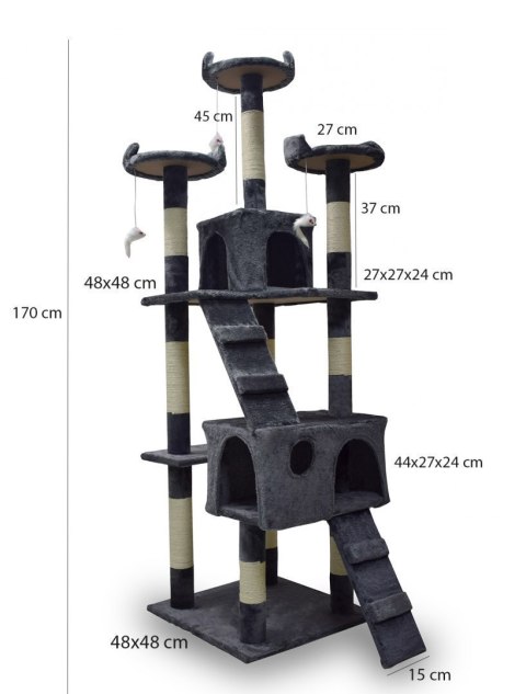 Drapak dla kota 170 cm ciemnoszary domek platformy legowisko zabawki sizal