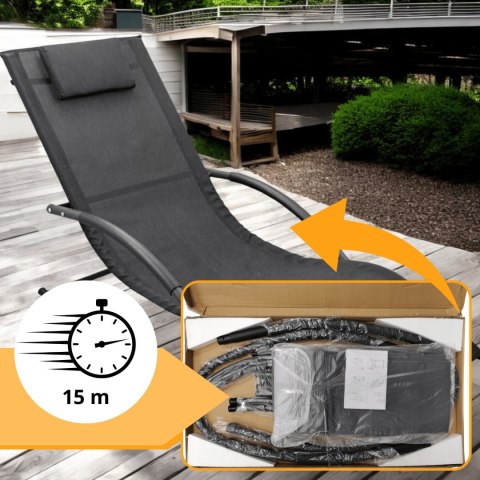 Leżak Bujany OGRODOWY 175cm 150kg Nowoczesny Fotel Leżanka Czarny Metalowy