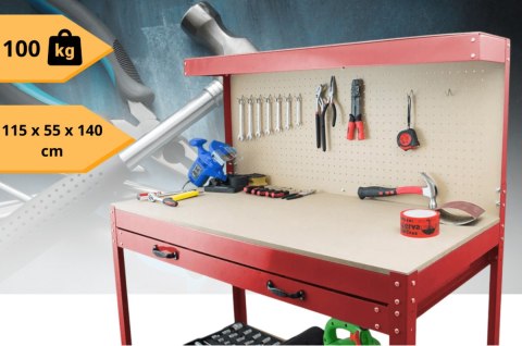 Stół warsztatowy z uchwytami blat 115x55 cm szuflada haki x12 stabilny stal Stół warsztatowy z uchwytami blat 115x55 cm szuflada haki x12 stabilny stal