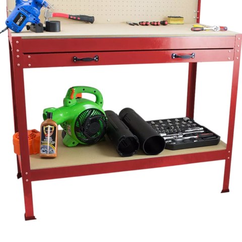 Stół warsztatowy z uchwytami blat 115x55 cm szuflada haki x12 stabilny stal Stół warsztatowy z uchwytami blat 115x55 cm szuflada haki x12 stabilny stal