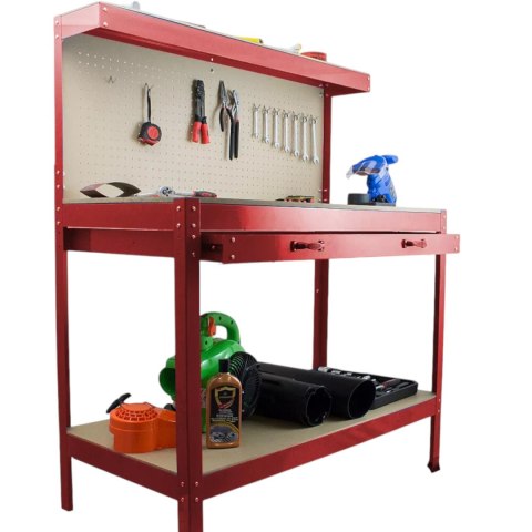 Stół warsztatowy z uchwytami blat 115x55 cm szuflada haki x12 stabilny stal Stół warsztatowy z uchwytami blat 115x55 cm szuflada haki x12 stabilny stal